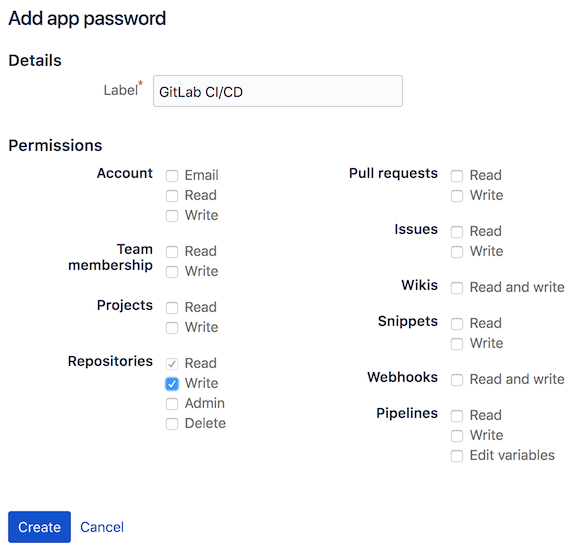 Bitbucket Cloud page showing the App password creation interface.