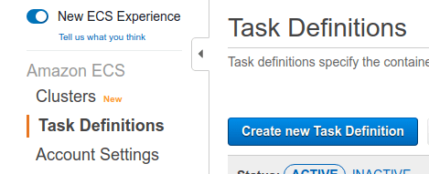 Task definitions page with a 'Create new task definition' button.