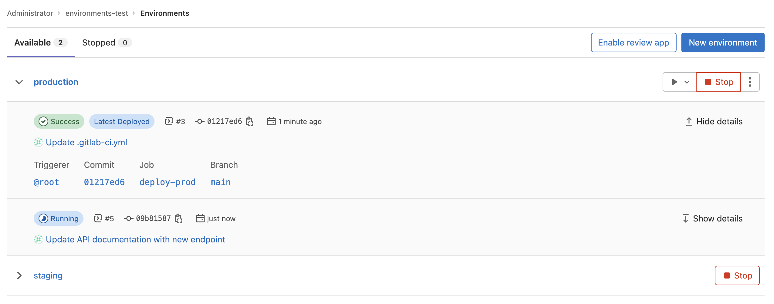 A list of available environments in a GitLab project, showing environment names, statuses, and other relevant details.