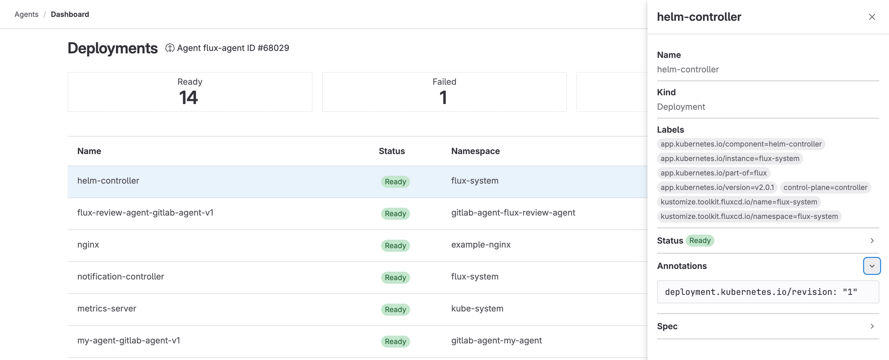 Dashboard with detailed information about the connected cluster.