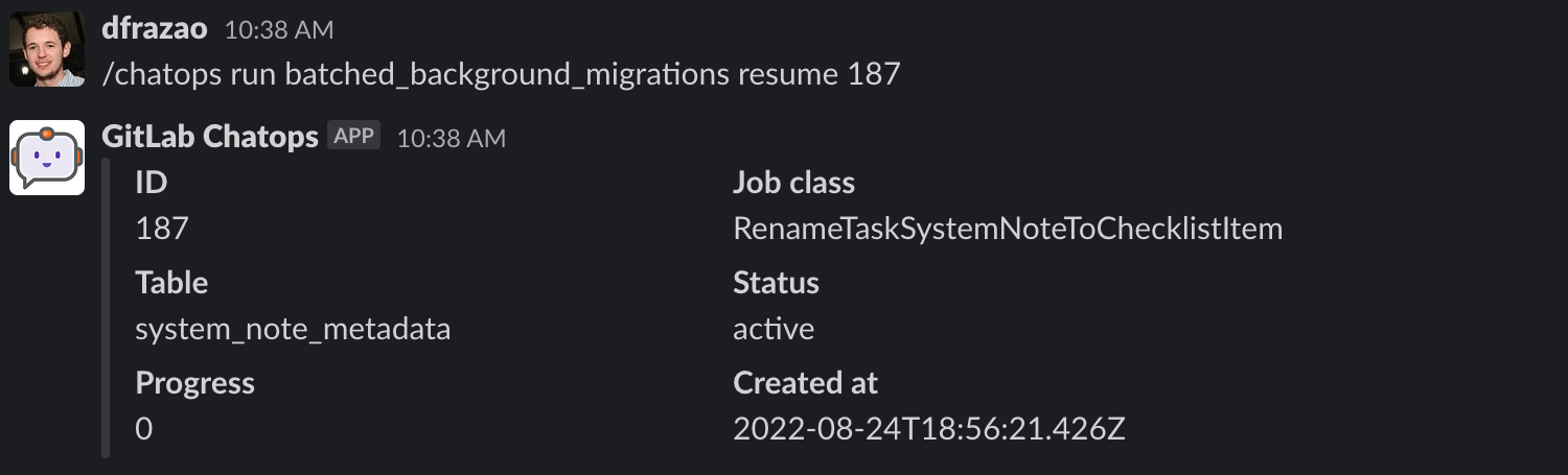 Output of the ChatOps command to resume a specific batched background migration using MIGRATION_ID.