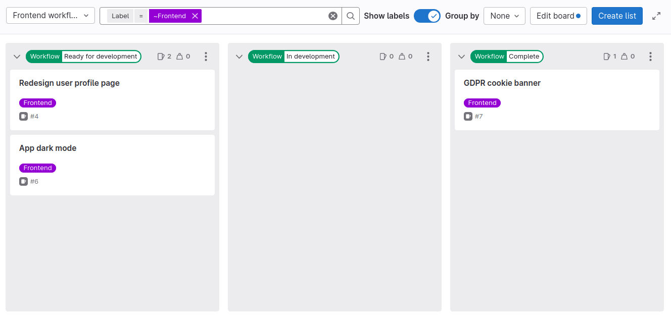 "Frontend workflow" issue board with two issues from "UX workflow" board in "Ready for development" column.