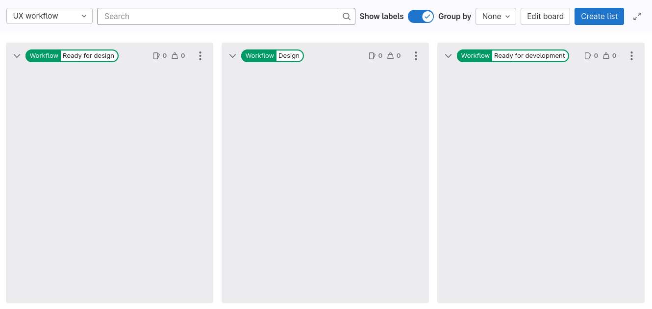Empty "UX workflow" issue board with three workflow columns.