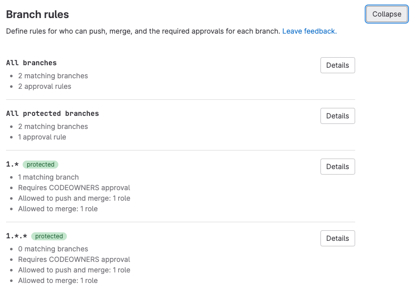 List of protected branches and their protections