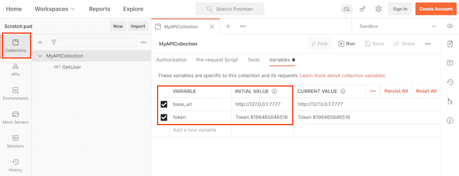 Edit collection variable tab view