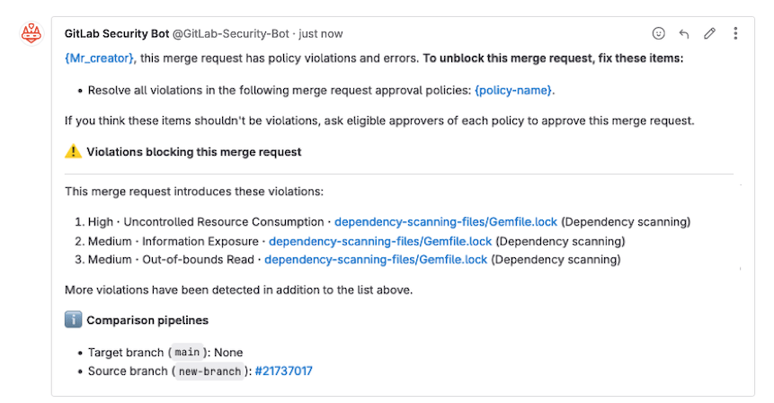 Example bot message showing missing or incomplete scan artifacts required for policy evaluation.